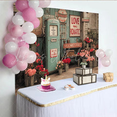 Lofaris Vintage Teal Gas Pump Photography Backdrop Rustic Wooden Wall with Abundant Red and Pink Flowers and Love Sign