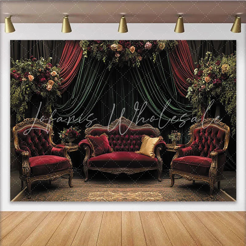 Lofaris Vintage Velvet Floral Photography Backdrop Luxurious Red Sofa and Green Drapes Studio Background for Elegant Portrait
