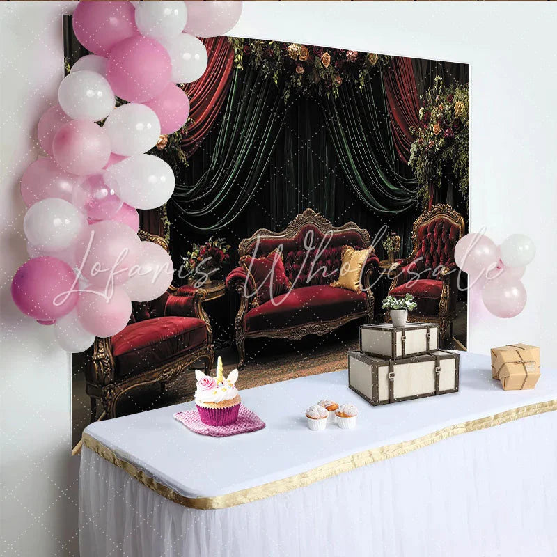 Lofaris Vintage Velvet Floral Photography Backdrop Luxurious Red Sofa and Green Drapes Studio Background for Elegant Portrait