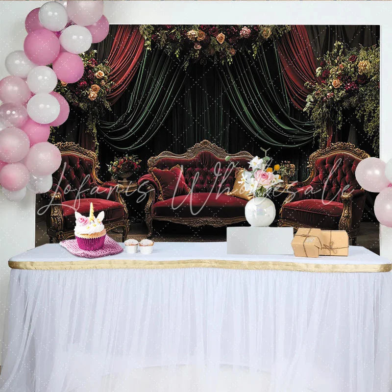 Lofaris Vintage Velvet Floral Photography Backdrop Luxurious Red Sofa and Green Drapes Studio Background for Elegant Portrait