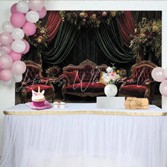 Lofaris Vintage Velvet Floral Photography Backdrop Luxurious Red Sofa and Green Drapes Studio Background for Elegant Portrait