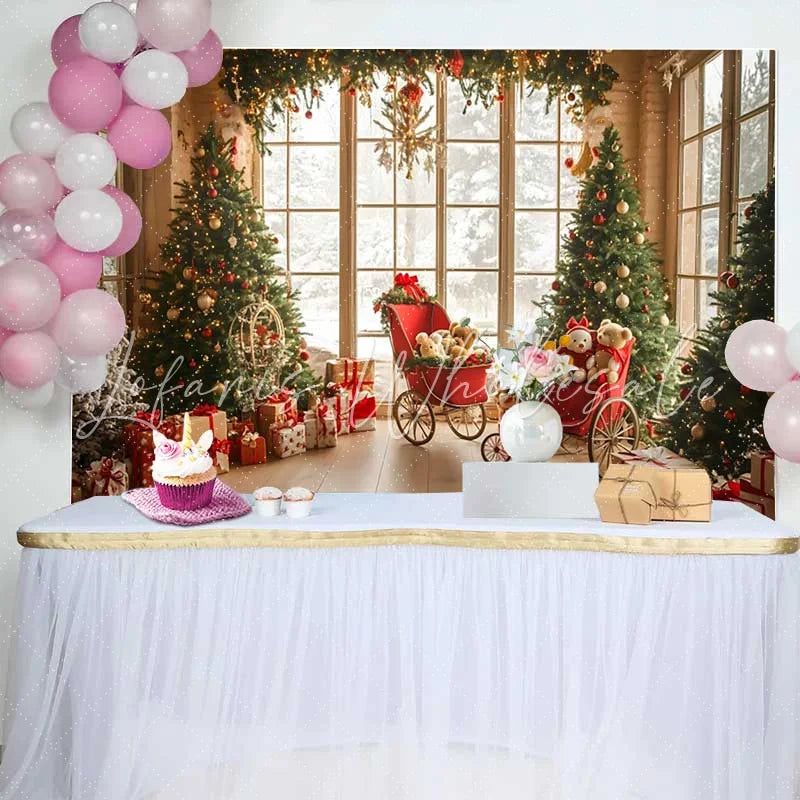 Lofaris Vintage Window Christmas Tree Photography Backdrop Red Carriage Teddy Bear Winter Holiday Party Background