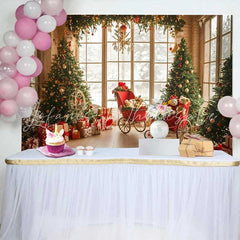 Lofaris Vintage Window Christmas Tree Photography Backdrop Red Carriage Teddy Bear Winter Holiday Party Background