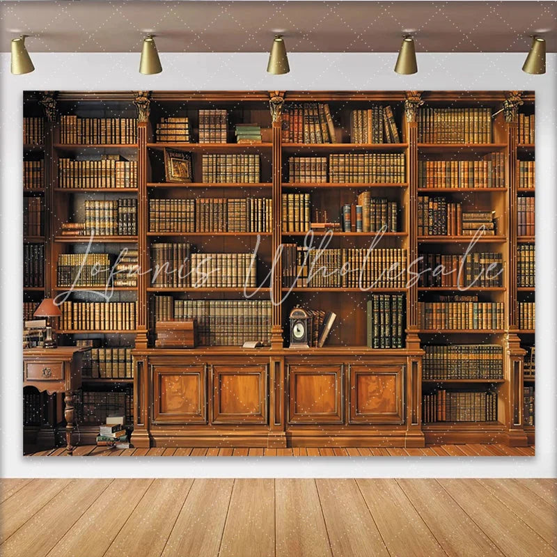 Lofaris Vintage Wooden Bookshelf Library Backdrop with Classic Old Books Elegant Photo Background for Studio Portrait and Academic Theme