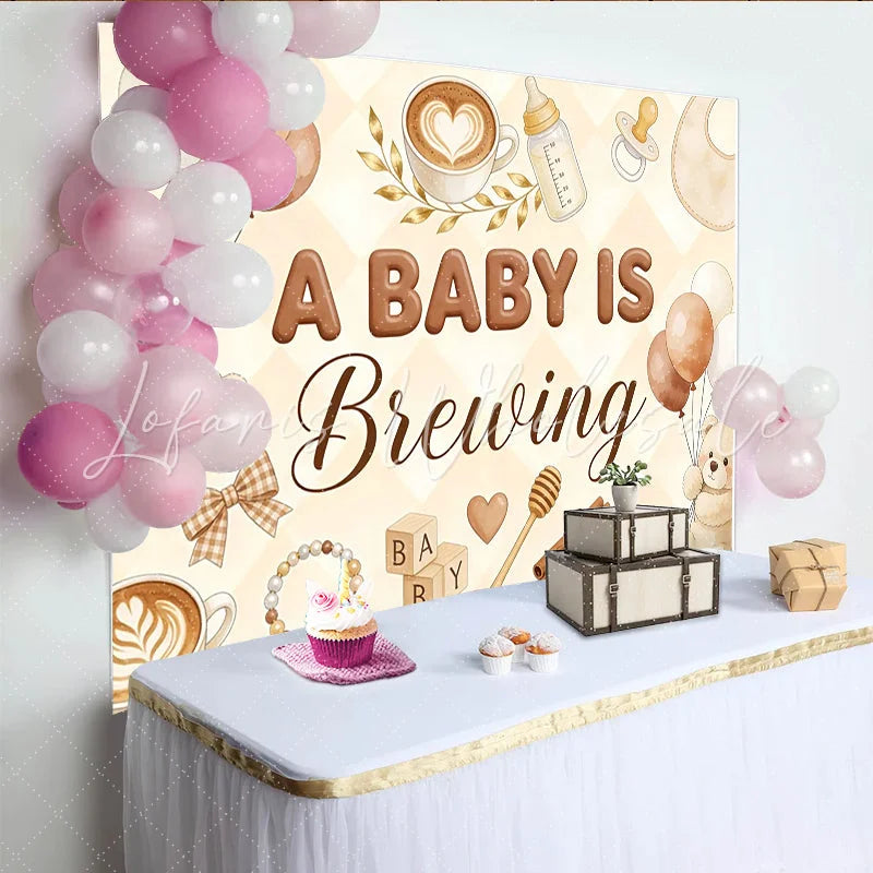 Lofaris Warm Brown A Baby Is Brewing Baby Shower Backdrop with Teddy Bears and Balloons Coffee Themed Background for Gender Reveal Party