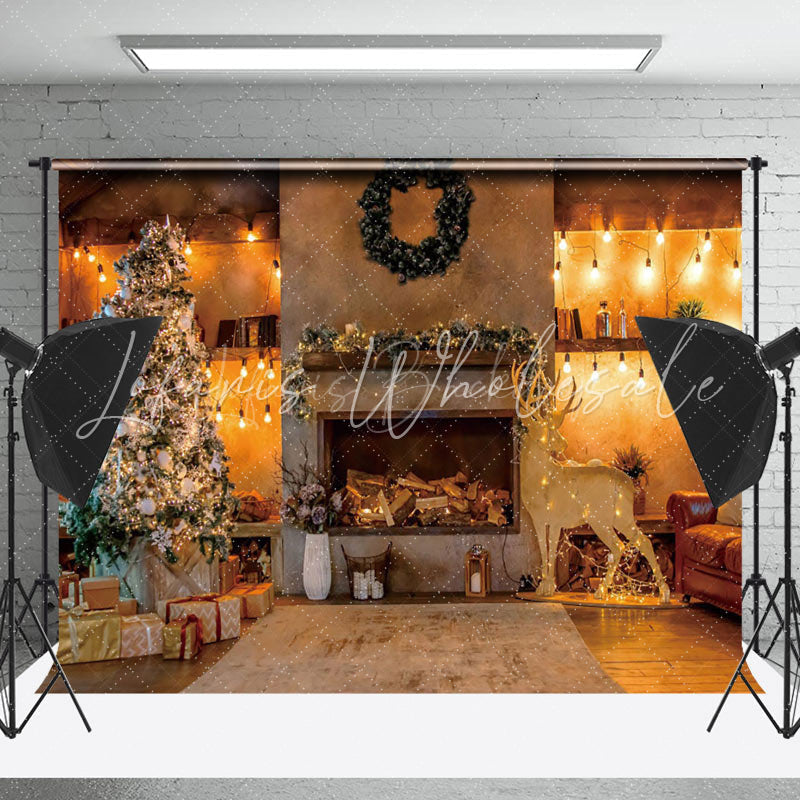Lofaris Warm Light Retro Fireplace Christmas Tree Backdrop