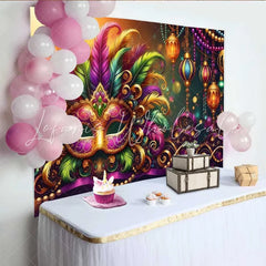 Lofaris Warm Mardi Gras Celebration Backdrop Feathered Mask and Golden Lantern Banner