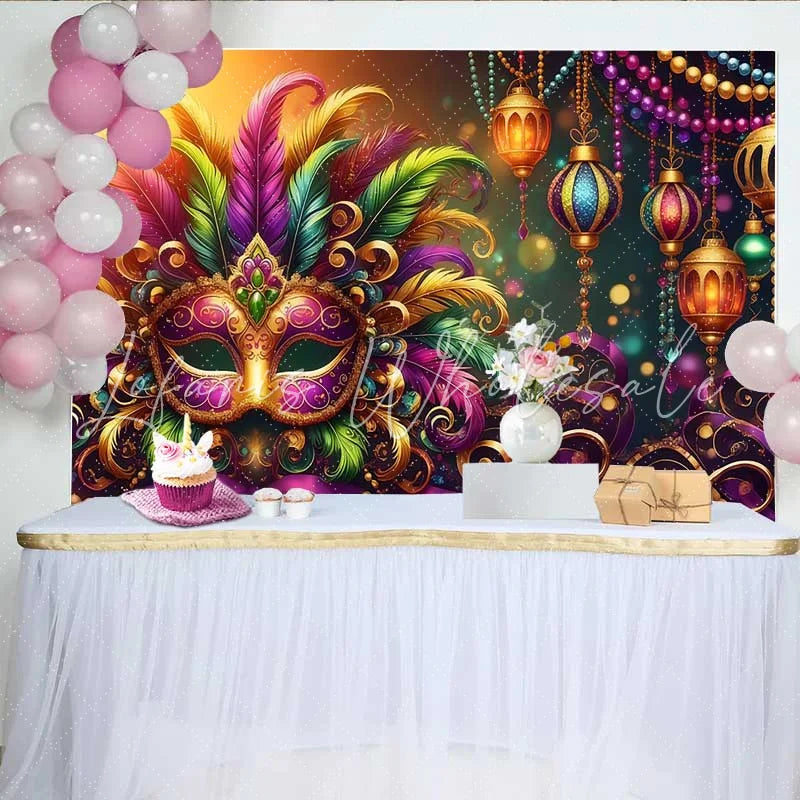 Lofaris Warm Mardi Gras Celebration Backdrop Feathered Mask and Golden Lantern Banner