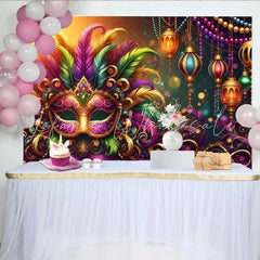 Lofaris Warm Mardi Gras Celebration Backdrop Feathered Mask and Golden Lantern Banner