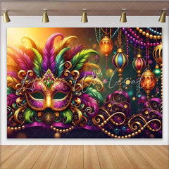 Lofaris Warm Mardi Gras Celebration Backdrop Feathered Mask and Golden Lantern Banner