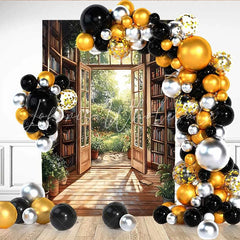 Lofaris Warm Sunlight Library Backdrop Open Door to Blooming Flower Garden for Romantic Portrait