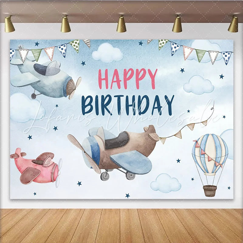 Lofaris Watercolor Airplane Birthday Backdrop Hot Air Balloon and Cloud Sky Party Background for Boys