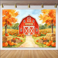 Lofaris Watercolor Autumn Pumpkin Patch Backdrop with Red Barn and Fall Trees Harvest Festival Photography Background for Thanksgiving Decor