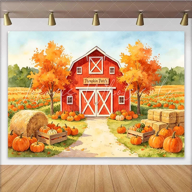 Lofaris Watercolor Autumn Pumpkin Patch Backdrop with Red Barn and Hay Bales Fall Harvest Photography Background for Halloween Party Decor