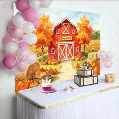 Lofaris Watercolor Autumn Pumpkin Patch Backdrop with Red Barn and Hay Bales Fall Harvest Photography Background for Halloween Party Decor
