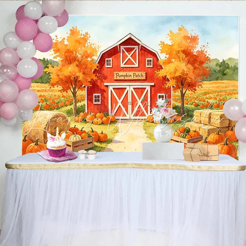 Lofaris Watercolor Autumn Pumpkin Patch Backdrop with Red Barn and Hay Bales Fall Harvest Photography Background for Halloween Party Decor