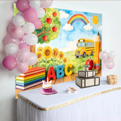 Lofaris Watercolor Back to School Photography Backdrop with School Bus Apple Tree and Rainbow Educational Studio Background for Photo