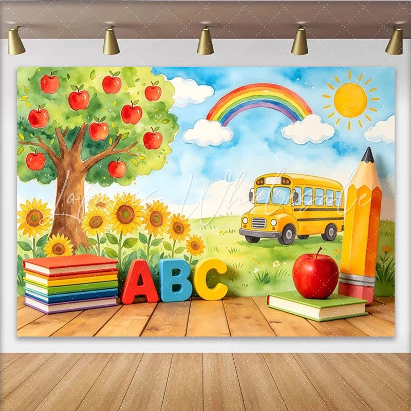 Lofaris Watercolor Back to School Photography Backdrop with School Bus Apple Tree and Rainbow Educational Studio Background for Photo