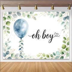 Lofaris Watercolor Blue Balloon Eucalyptus Oh Boy Baby Shower Backdrop Greenery Gold Glitter Photo Background for Gender Reveal Party