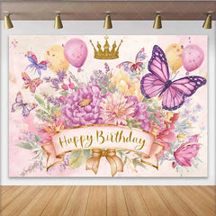 Lofaris Watercolor Butterfly Birthday Backdrop Pink Floral Gold Crown Background Girl Princess Party Prop