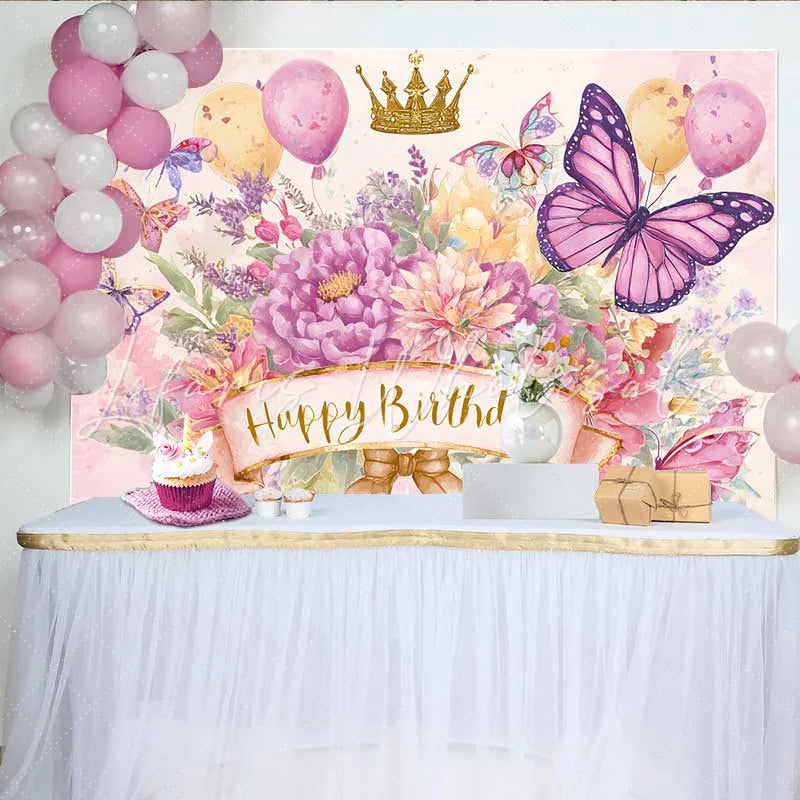 Lofaris Watercolor Butterfly Birthday Backdrop Pink Floral Gold Crown Background Girl Princess Party Prop
