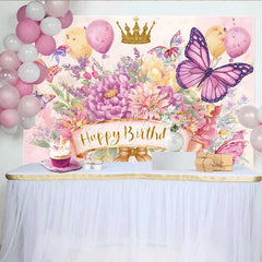 Lofaris Watercolor Butterfly Birthday Backdrop Pink Floral Gold Crown Background Girl Princess Party Prop