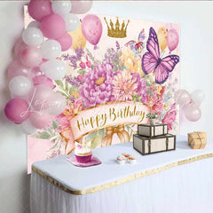 Lofaris Watercolor Butterfly Birthday Backdrop Pink Floral Gold Crown Background Girl Princess Party Prop