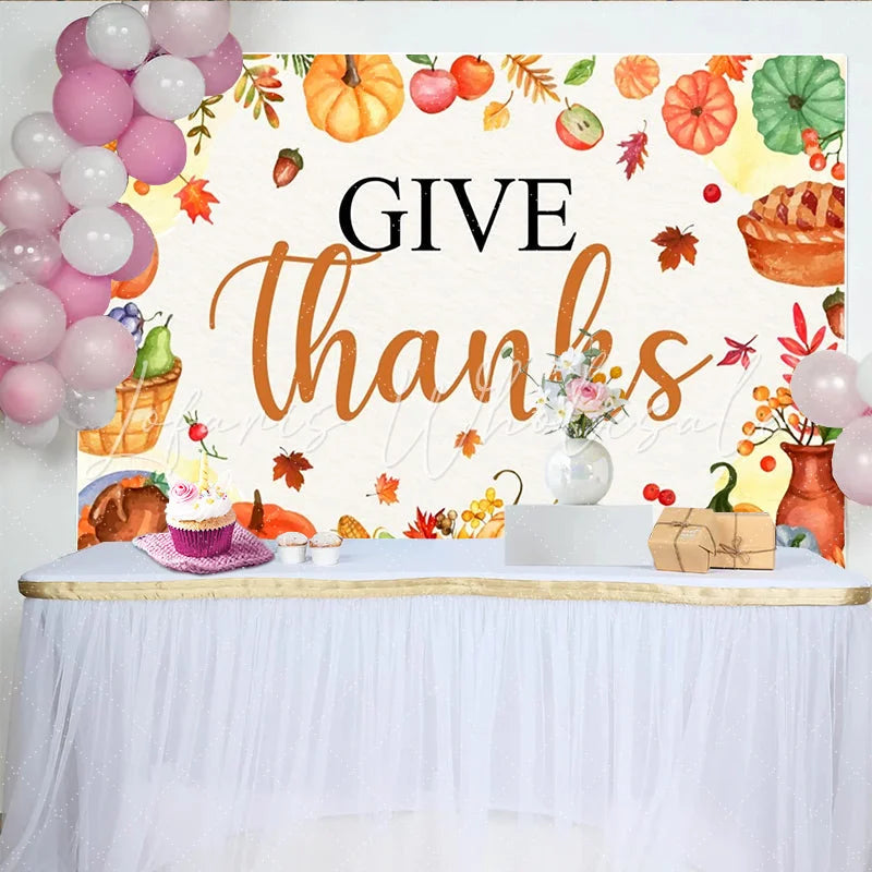 Lofaris Watercolor Give Thanks Thanksgiving Backdrop with Pumpkins Leaves and Harvest Elements Festive Fall for Dinner Party Decor