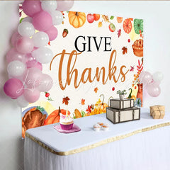 Lofaris Watercolor Give Thanks Thanksgiving Backdrop with Pumpkins Leaves and Harvest Elements Festive Fall for Dinner Party Decor