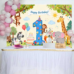 Lofaris Watercolor Jungle Animals First Birthday Backdrop Happy Birthday Number 1 Party Decor for Baby’s Celebration