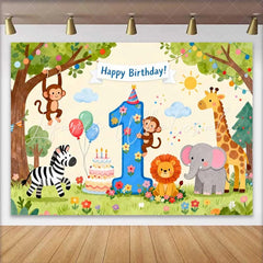 Lofaris Watercolor Jungle Animals First Birthday Backdrop Happy Birthday Number 1 Party Decor for Baby’s Celebration
