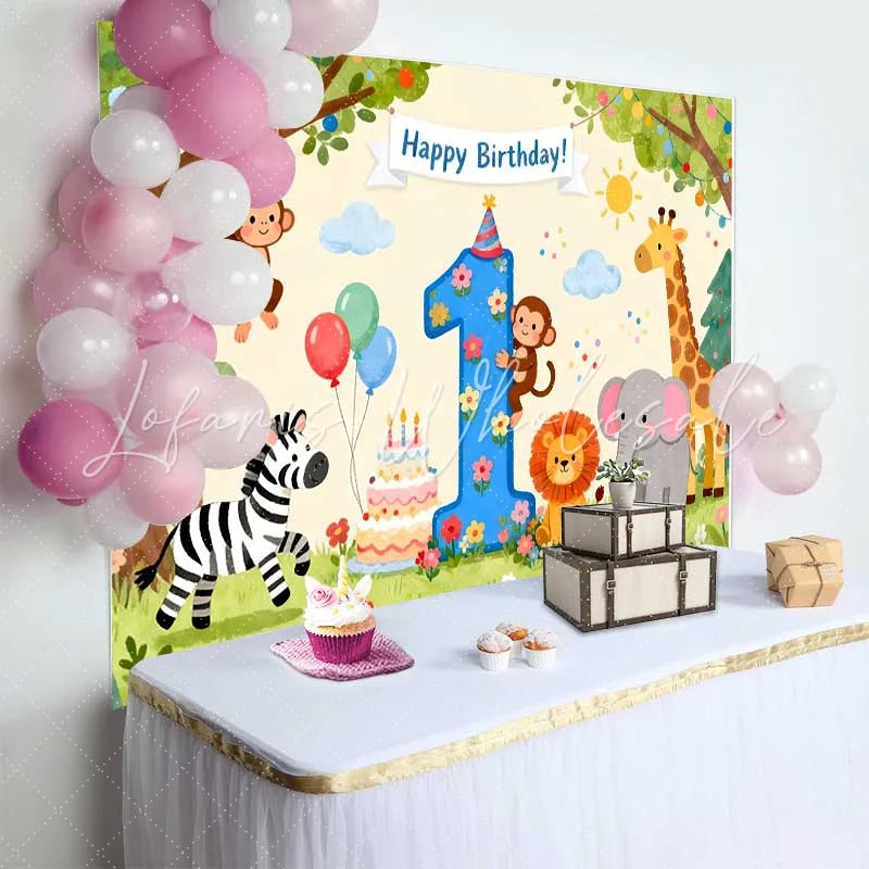 Lofaris Watercolor Jungle Animals First Birthday Backdrop Happy Birthday Number 1 Party Decor for Baby’s Celebration