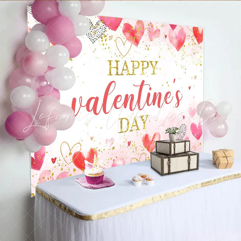 Lofaris Watercolor Pink and Red Hearts Valentines Day Backdrop Gold Glitter Love Celebration Background