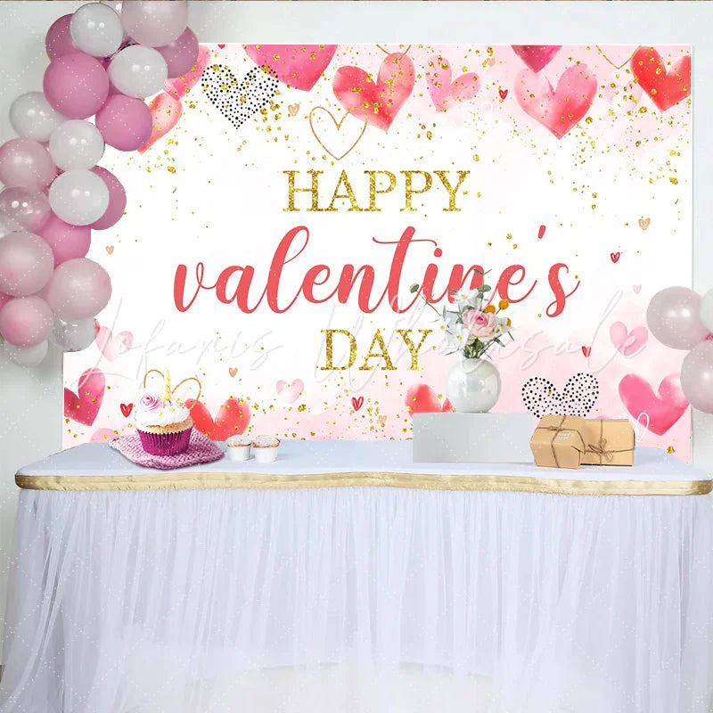 Lofaris Watercolor Pink and Red Hearts Valentines Day Backdrop Gold Glitter Love Celebration Background