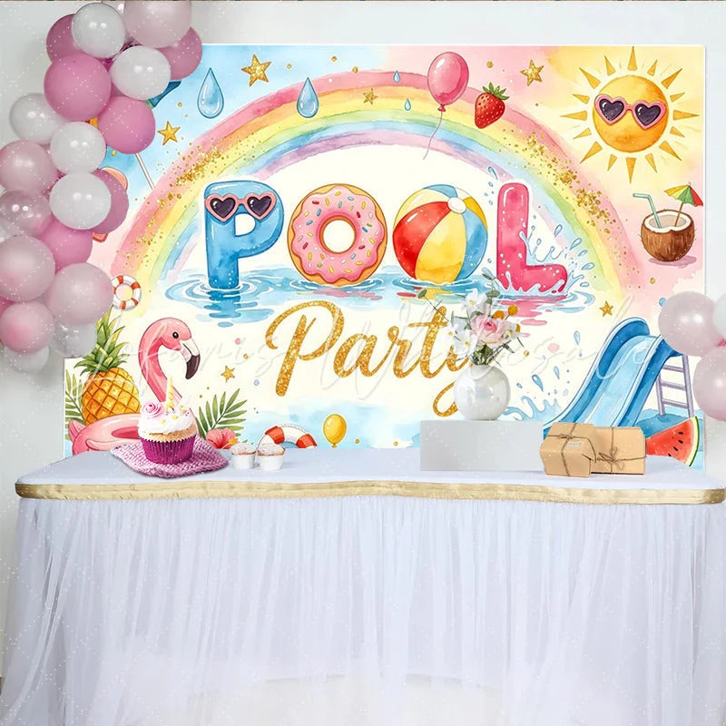 Lofaris Watercolor Pool Party Birthday Backdrop with Rainbow and Flamingo Summer Water Slide Background for Kids Party Photoshoot.