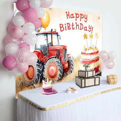 Lofaris Watercolor Red Tractor and Star Cake Happy Birthday Backdrop Farm Balloon Boys Party Photography Background