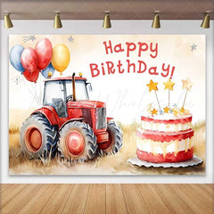 Lofaris Watercolor Red Tractor and Star Cake Happy Birthday Backdrop Farm Balloon Boys Party Photography Background