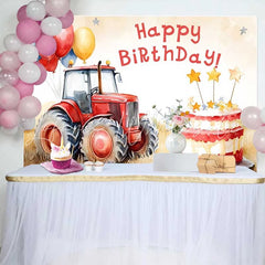 Lofaris Watercolor Red Tractor and Star Cake Happy Birthday Backdrop Farm Balloon Boys Party Photography Background