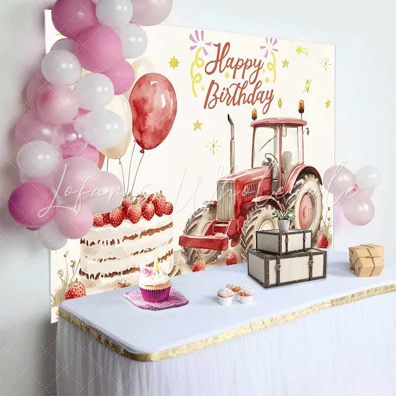 Lofaris Watercolor Red Tractor and Strawberry Cake Happy Birthday Backdrop Farm Balloon Boy Party Background