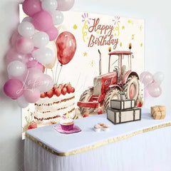 Lofaris Watercolor Red Tractor and Strawberry Cake Happy Birthday Backdrop Farm Balloon Boy Party Background