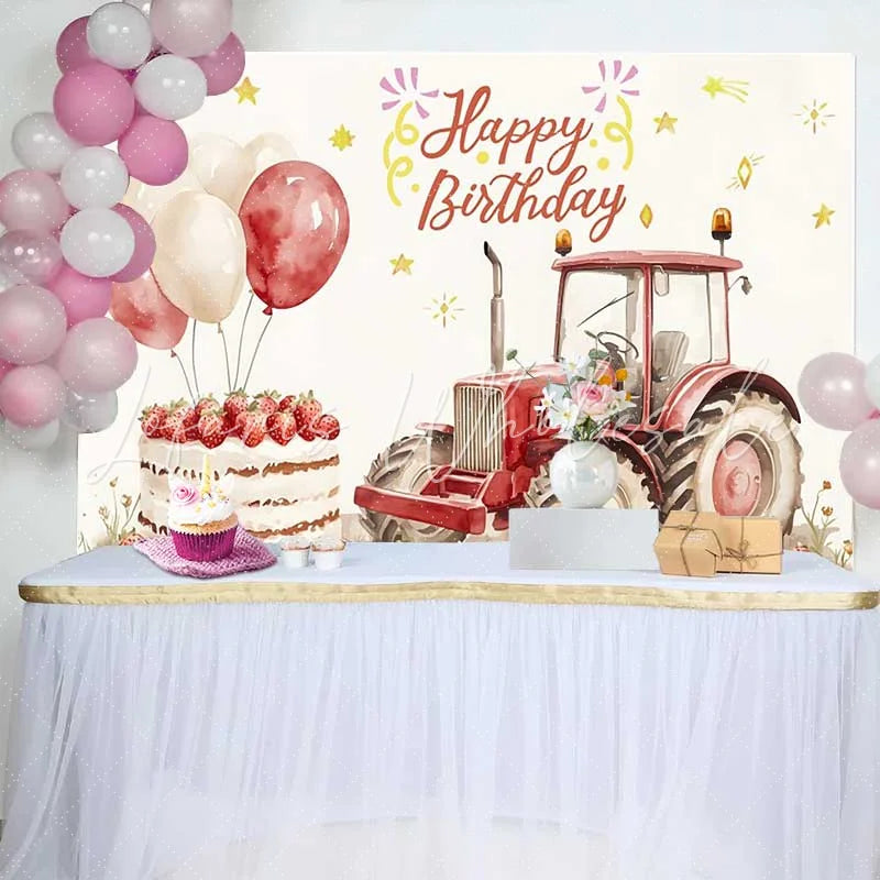 Lofaris Watercolor Red Tractor and Strawberry Cake Happy Birthday Backdrop Farm Balloon Boy Party Background