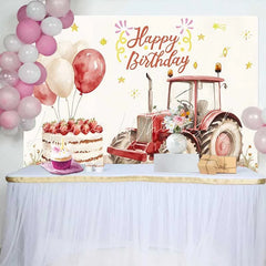 Lofaris Watercolor Red Tractor and Strawberry Cake Happy Birthday Backdrop Farm Balloon Boy Party Background
