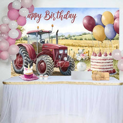 Lofaris Watercolor Red Tractor and Wheat Field Happy Birthday Backdrop Farm Balloon Cake Boy Party Background