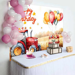 Lofaris Watercolor Red Tractor Farm Happy Birthday Backdrop Wheat Field Balloon Cake Boys Photography Background