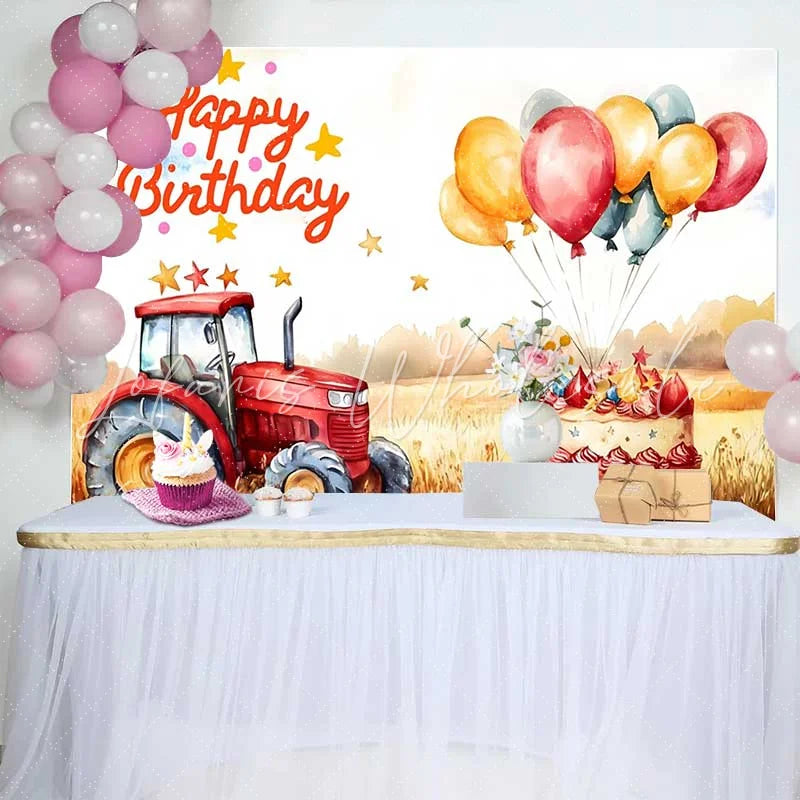Lofaris Watercolor Red Tractor Farm Happy Birthday Backdrop Wheat Field Balloon Cake Boys Photography Background