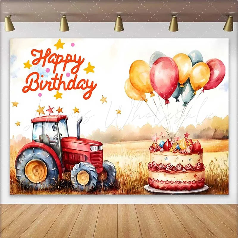 Lofaris Watercolor Red Tractor Farm Happy Birthday Backdrop Wheat Field Balloon Cake Boys Photography Background