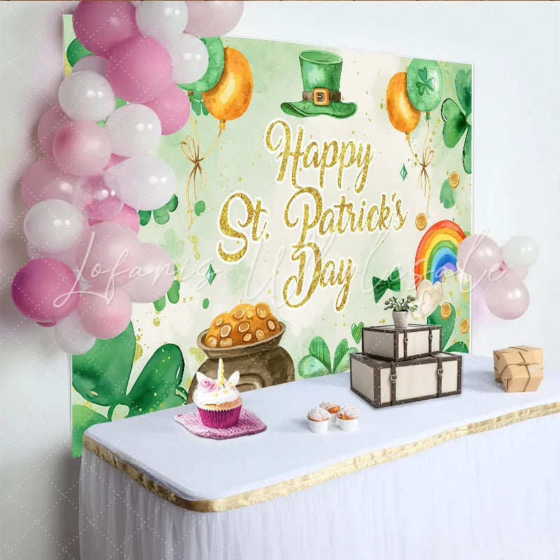 Lofaris Watercolor St. Patrick Day Shamrock and Gold Backdrop Elegant Lucky Clover Party Decor
