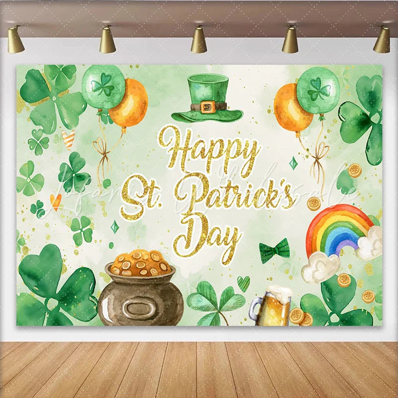 Lofaris Watercolor St. Patrick Day Shamrock and Gold Backdrop Elegant Lucky Clover Party Decor