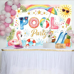 Lofaris Watercolor Summer Pool Party Birthday Backdrop with Flamingo and Donut Floats Festive Photography Background for Kids Celebration