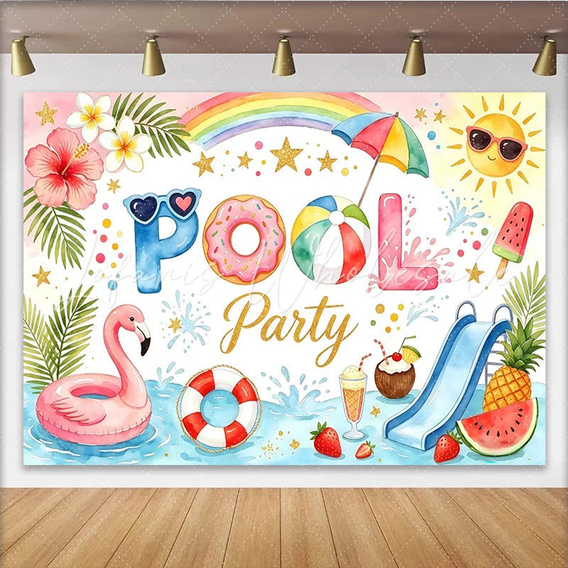 Lofaris Watercolor Summer Pool Party Birthday Backdrop with Flamingo and Donut Floats Festive Photography Background for Kids Celebration